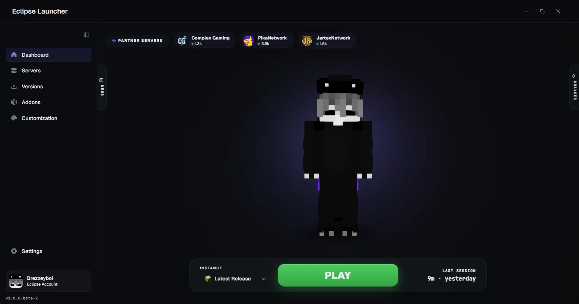 The Eclipse Launcher interface showing game versions, mods and a player preview